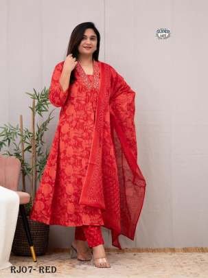 Hand Block Print Red Kurti Pant Dupatta Set 