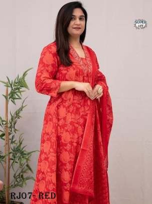 Hand Block Print Red Kurti Pant Dupatta Set