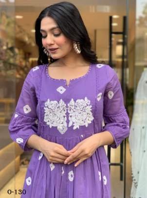 Hand Work  Embroidered Cotton Purple Kurti Pant Set