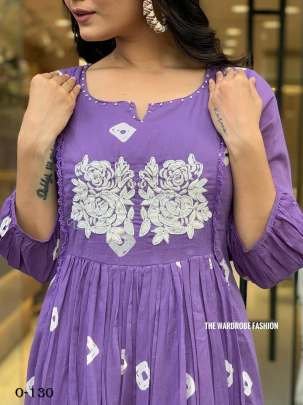 Hand Work  Embroidered Cotton Purple Kurti Pant Set