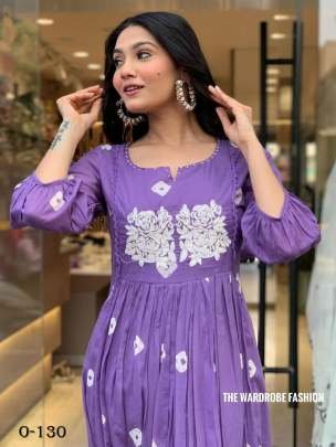 Hand Work  Embroidered Cotton Purple Kurti Pant Set