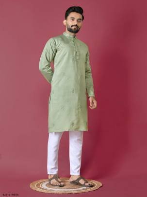 Hand Work Pista Colour Kurta With Pajama Set