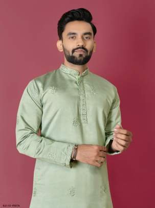 Hand Work Pista Colour Kurta With Pajama Set