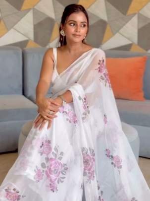 Hand Work Printed Organza White Saree