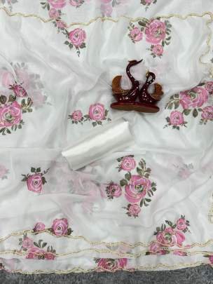 Hand Work Printed Organza White Saree