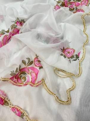 Hand Work Printed Organza White Saree