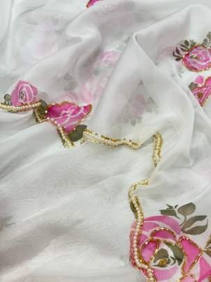 Hand Work Printed Organza White Saree
