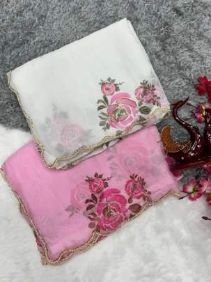 Hand Work Printed Organza White Saree