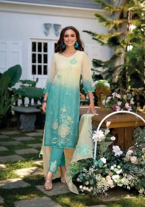 Hand Work Sky Blue Colour  Kurti Pant Dupatta by Suroor Kailee Fashion