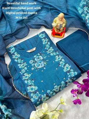 Hand Work Sky Blue Muslin Silk Kurti Pant Dupatta Set