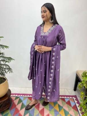 Hand Work Vichitra Silk Party Wear A line Gown Pant With Dupatta Set