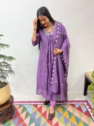 Hand Work Vichitra Silk Party Wear A line Gown Pant With Dupatta Set