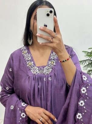 Hand Work Vichitra Silk Party Wear A line Gown Pant With Dupatta Set