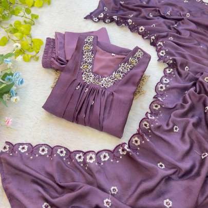 Hand Work Vichitra Silk Party Wear A line Gown Pant With Dupatta Set