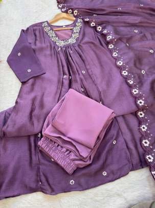 Hand Work Vichitra Silk Party Wear A line Gown Pant With Dupatta Set