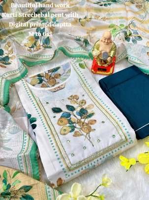 Hand Work White Muslin Silk  Kurti Pant Dupatta Set