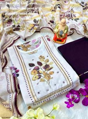 Hand Work White Muslin Silk Wine Kurti Pant Set With Dupatta