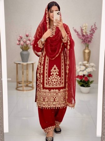 Red Embroidered Georgette Palazzo Suit with Net Dupatta