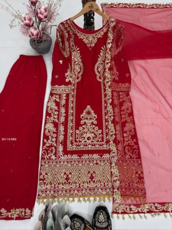Red Embroidered Georgette Palazzo Suit with Net Dupatta