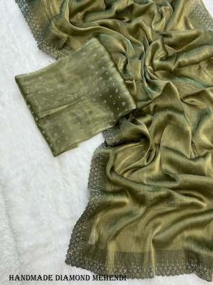 Handmade Diamond Siroski Work Mehendi Saree