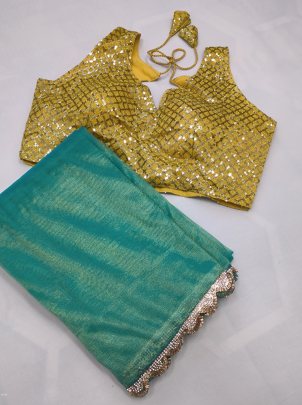 HandWork HOTFIX Lace With Embroidery Lace Border Tissue Silk Saree 