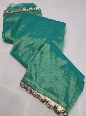 HandWork HOTFIX Lace With Embroidery Lace Border Tissue Silk Saree