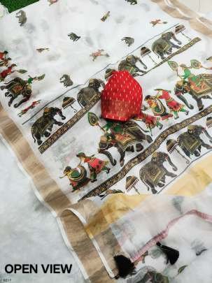 Hathi Digital Printed Linen Saree