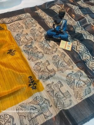 Hathi Print Screen Printed Original Tussar Ghicha Silk Saree 38
