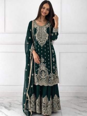 Heavy Chinnon Silk Dark  Green Colour Sharara Suit