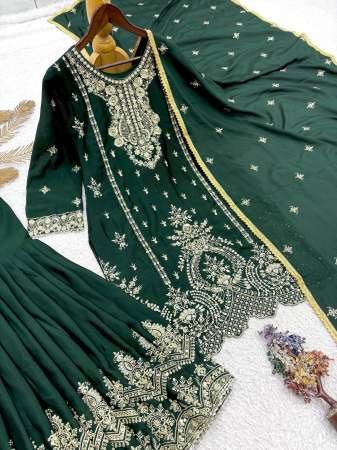 Heavy Chinnon Silk Dark  Green Colour Sharara Suit