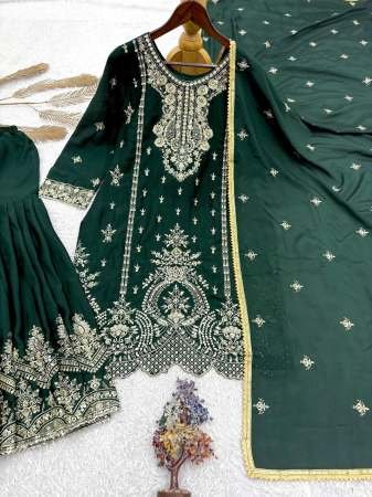 Heavy Chinnon Silk Dark  Green Colour Sharara Suit