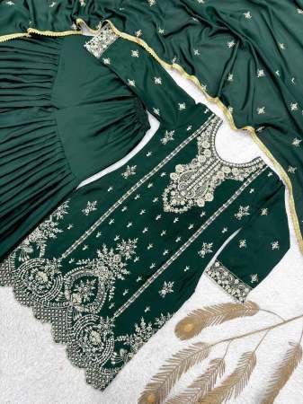 Heavy Chinnon Silk Dark  Green Colour Sharara Suit