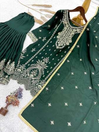 Heavy Chinnon Silk Dark  Green Colour Sharara Suit
