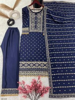 Heavy Chinon Embroidery Sequence Blue Palazzo Suit