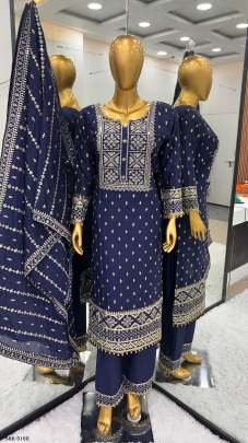 Heavy Chinon Embroidery Sequence Blue Palazzo Suit