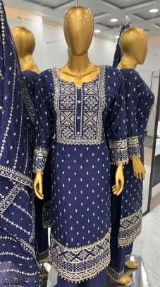 Heavy Chinon Embroidery Sequence Blue Palazzo Suit