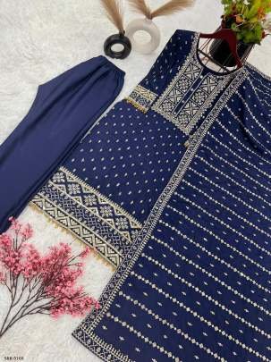 Heavy Chinon Embroidery Sequence Blue Palazzo Suit