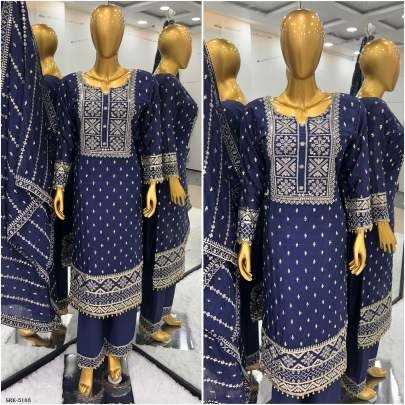 Heavy Chinon Embroidery Sequence Blue Palazzo Suit