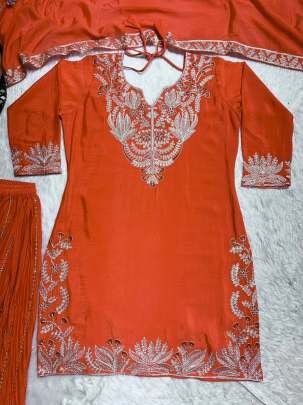 Heavy Chinon Silk Orange Top Sharara Dupatta Set