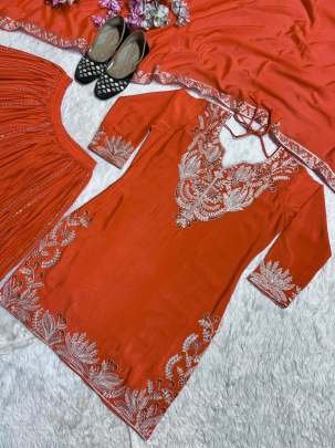 Heavy Chinon Silk Orange Top Sharara Dupatta Set