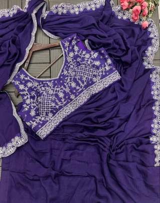 Heavy Chinon Silk Purple Embroidery Cording ready to wear Saree