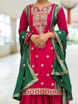 Heavy Chinon Silk Rani Pink Kurti Sharara With Dupatta