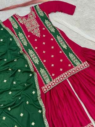 Heavy Chinon Silk Rani Pink Kurti Sharara With Dupatta