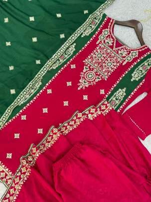 Heavy Chinon Silk Rani Pink Kurti Sharara With Dupatta