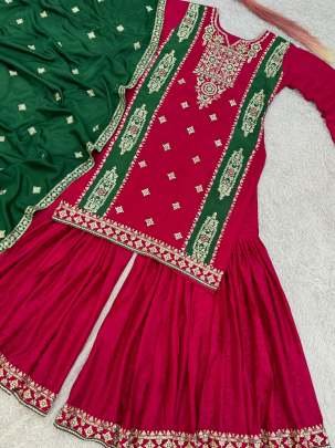 Heavy Chinon Silk Rani Pink Kurti Sharara With Dupatta