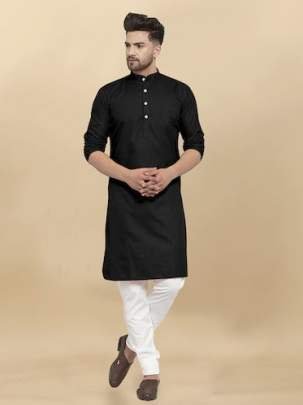 Heavy Cotton Plain Black Kurta And Pyjama