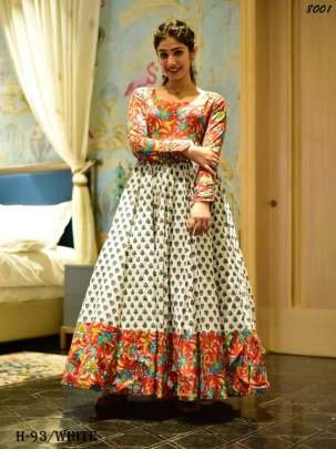 Heavy Digital Printed Cotton Silk White Long Gown