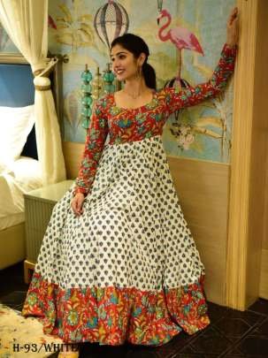 Heavy Digital Printed Cotton Silk White Long Gown