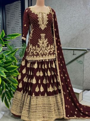 Heavy Embroidered Maroon Chinon Silk Peplum Top Lehenga Choli