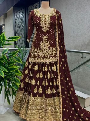 Heavy Embroidered Maroon Chinon Silk Peplum Top Lehenga Choli